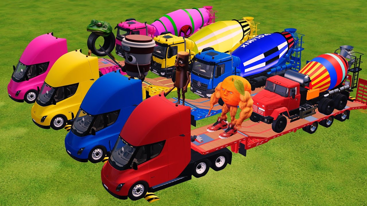 Trucks With COLORS - SCANIA MIXER TRUCK and KOMATSU EXCAVATOR with FLATBED TRAILER TRUCK - FS22
