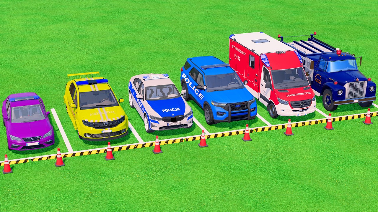 VUS GAME - TRANSPORTING POLICE CARS, FIRE DEPARTMENT, AMBULANCE VEHICLES WITH TRUCKS - FS22 #358