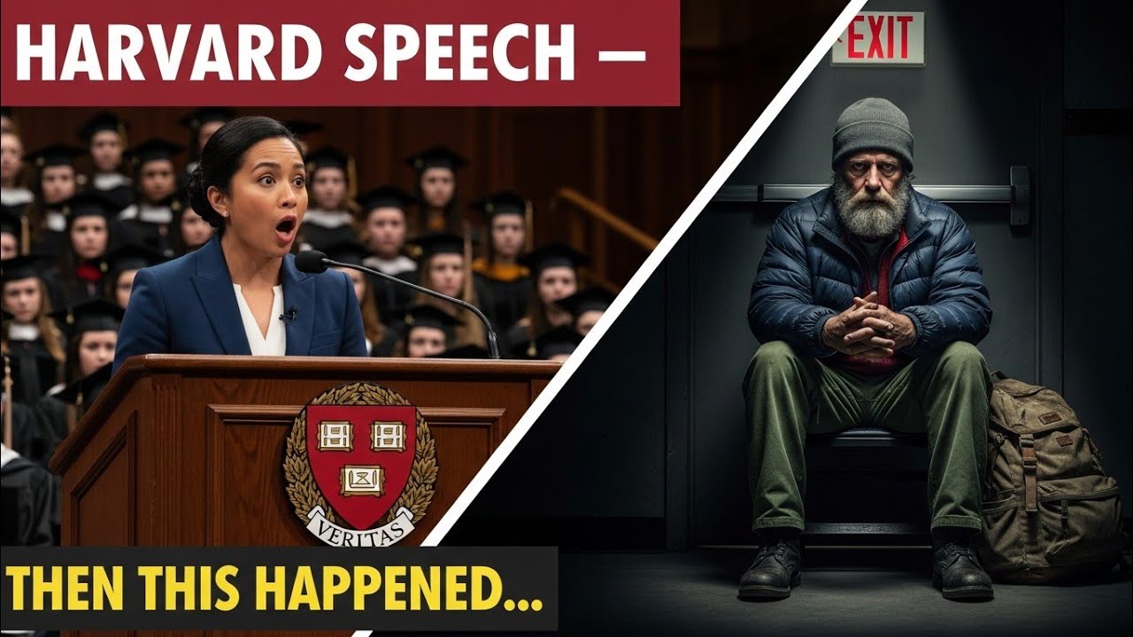 She was giving a HARVARD speech.... Then stopped cold when she saw the homeless man in the back