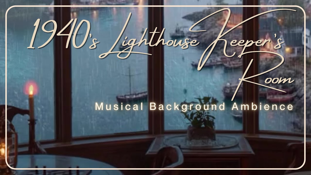 1940's Raining Lighthouse Keeper's Room Ambience | Study Music | Jazz Piano | Ocean Nature Sounds