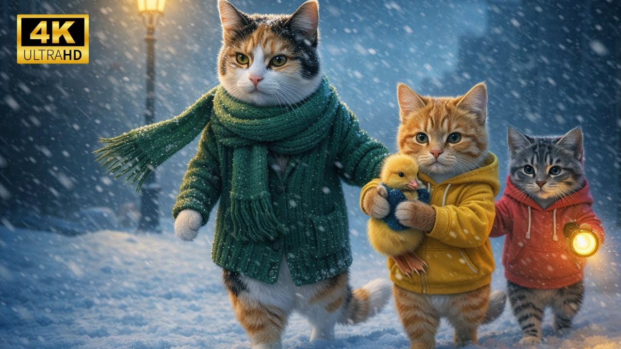Mama Cat and Two Kittens Rescued a Baby Chick in a Snowstorm