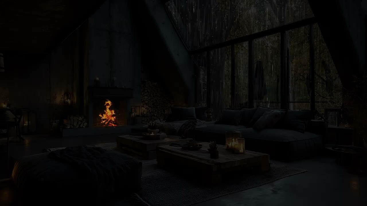 Soft Rainfall Over a Silent Forest Valley | Warm Fireplace Indoors Comfort Natural Rain Sounds