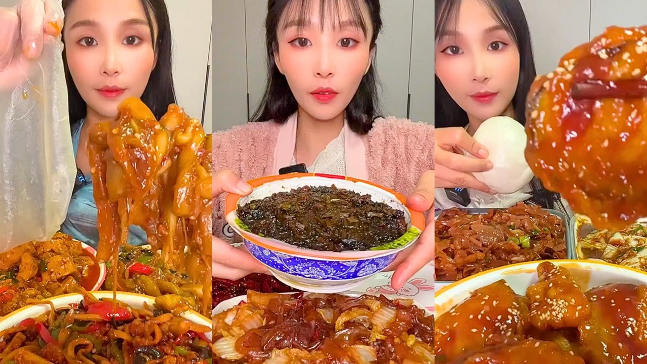 Chewy Glass Noodles, Sticky Chicken and Rice Cake Mukbang