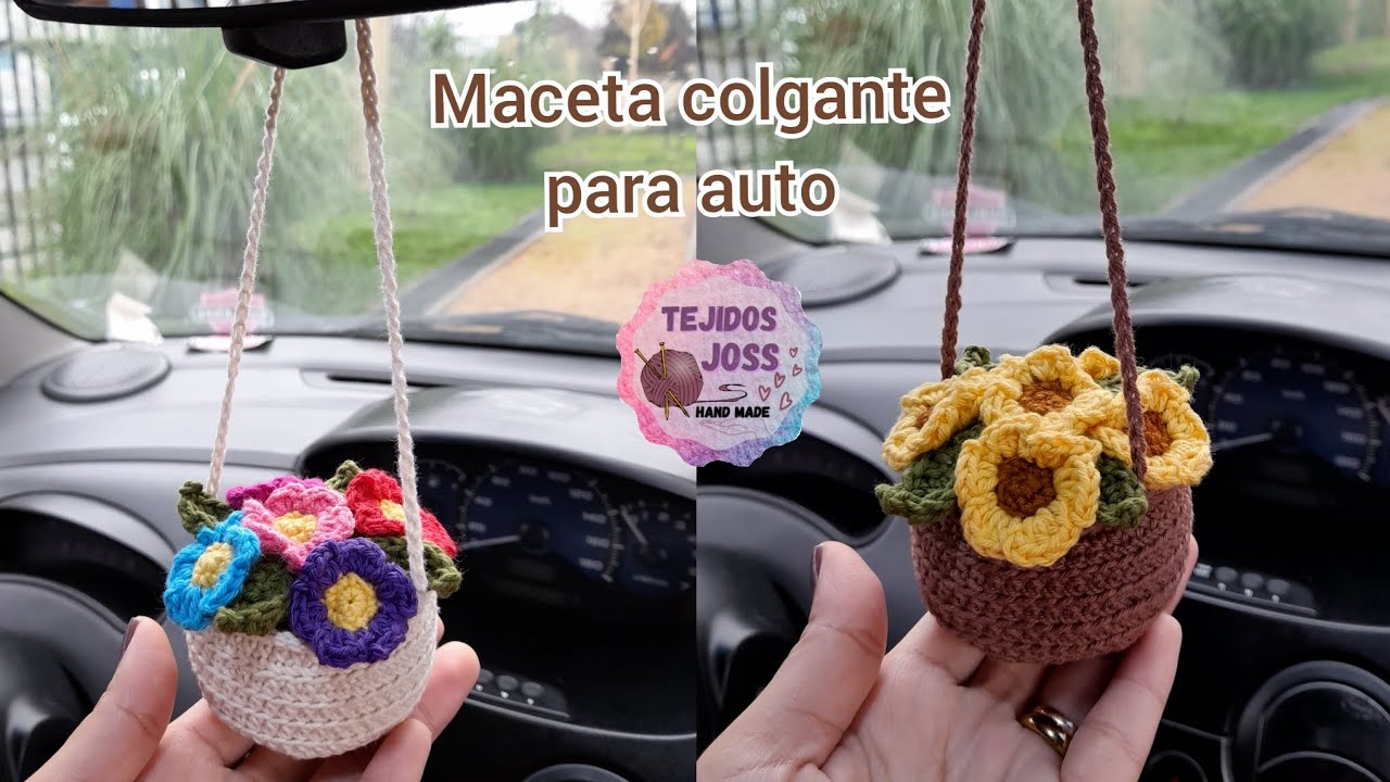 maceta colgante tejida a crochet para auto