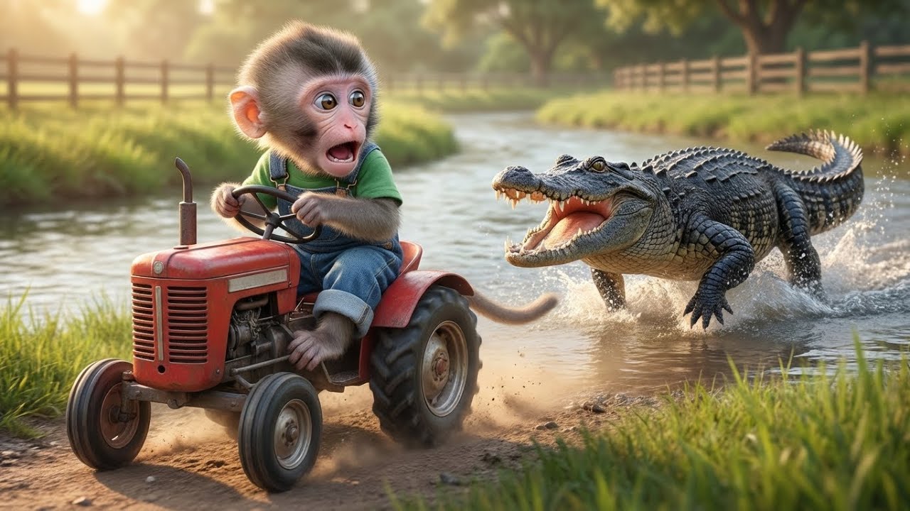 Baby Monkey’s Tractor vs the Black River Crocodile! Run for the Farm! 🐒🚜🐊