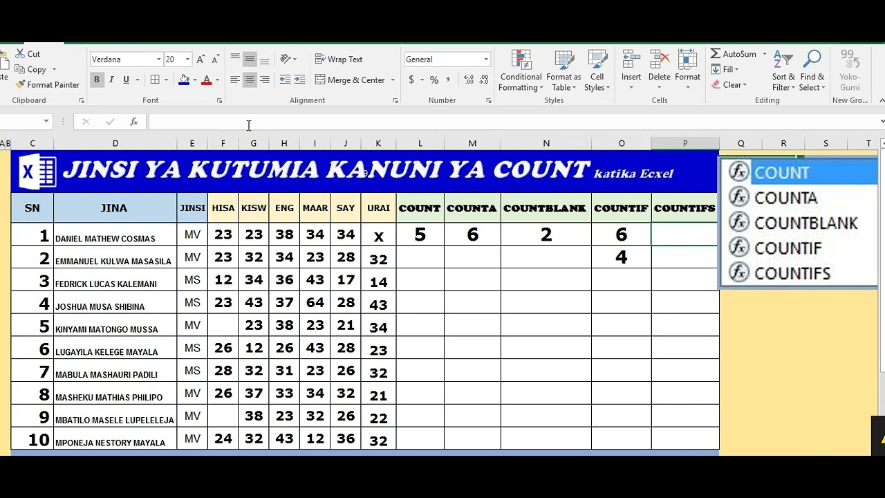 Jinsi ya kutumia kanuni za count kwenye Excel.
