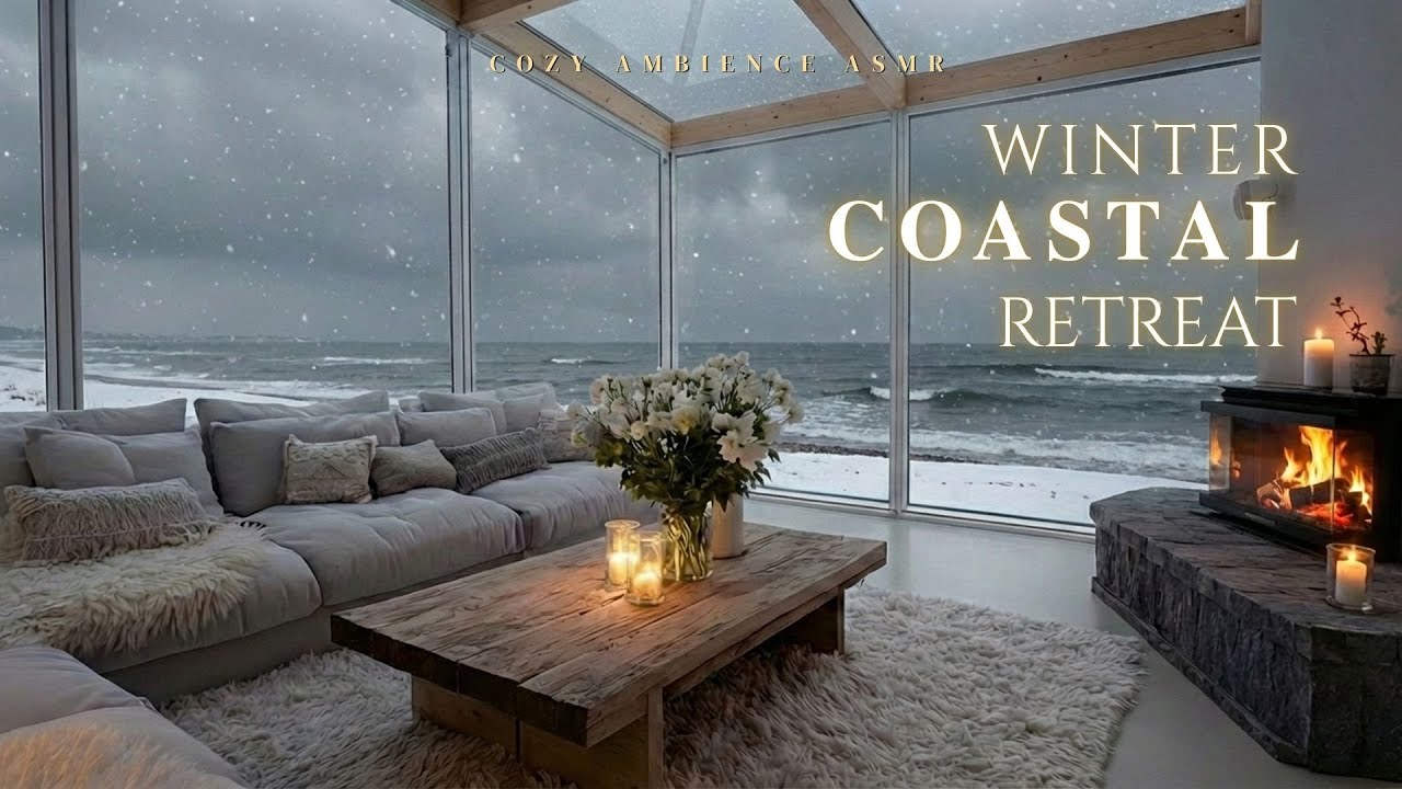 Winter Coastal Night Retreat ❄️ Waves, Fireplace & Snowfall Ambience for Stress Relief and Deep Rest