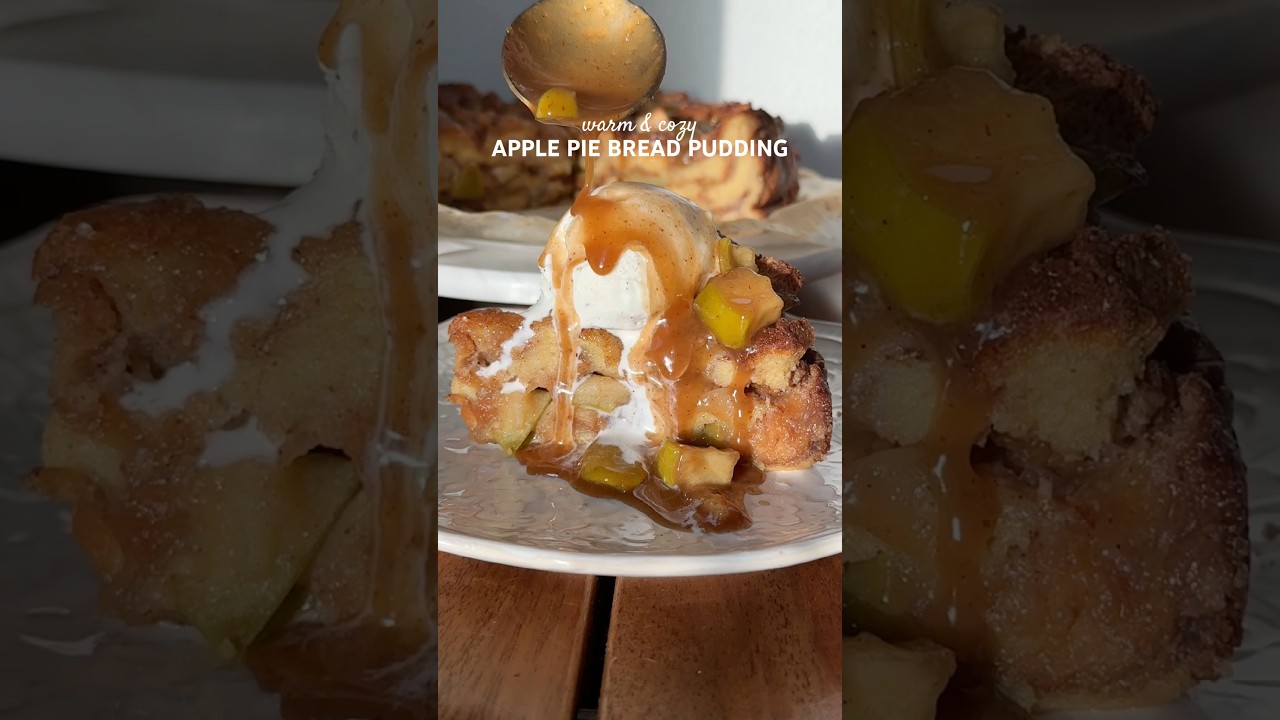 apple pie bread pudding 🍎🍂🤎 #fallrecipe #applepie #breadpudding #baking #dessert #icecream