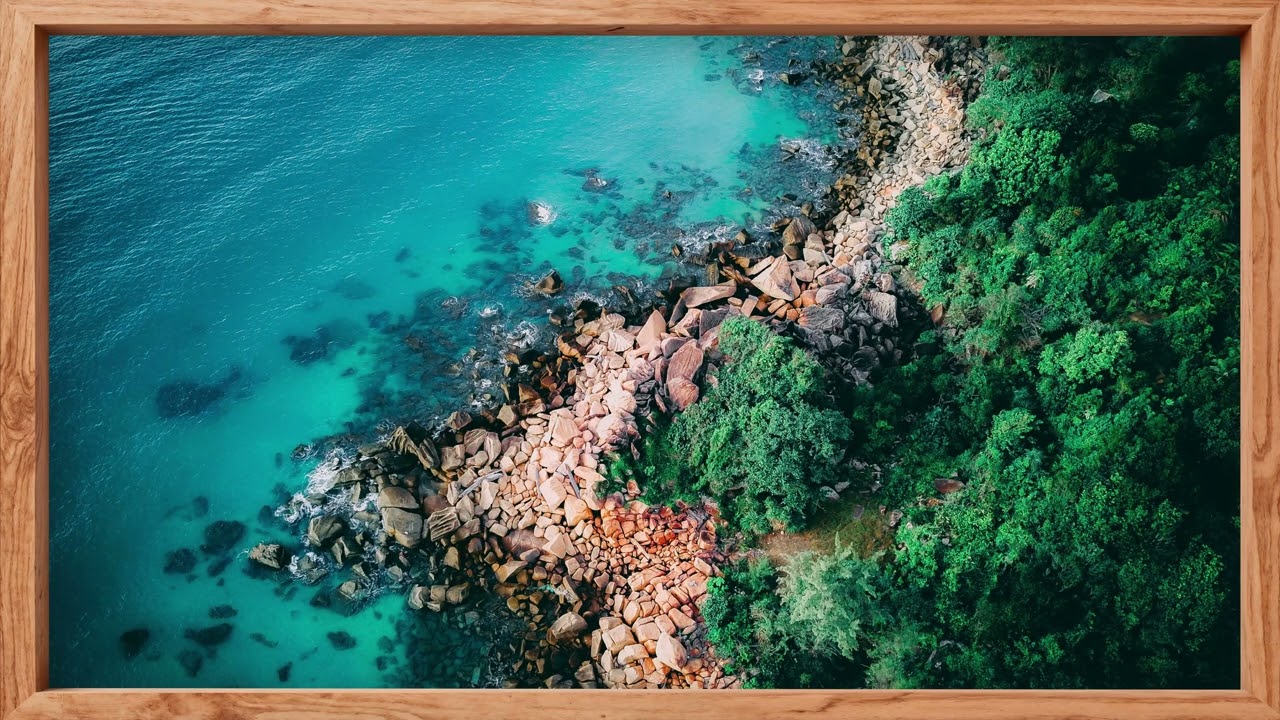 Seashore coastline rocks green trees blue water ocean / TV Display 4K