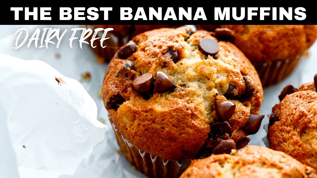 Baked DAIRY FREE BANANA MUFFINS with CHOCOLATE CHIPS - Easy Breakfast Idea for Kids