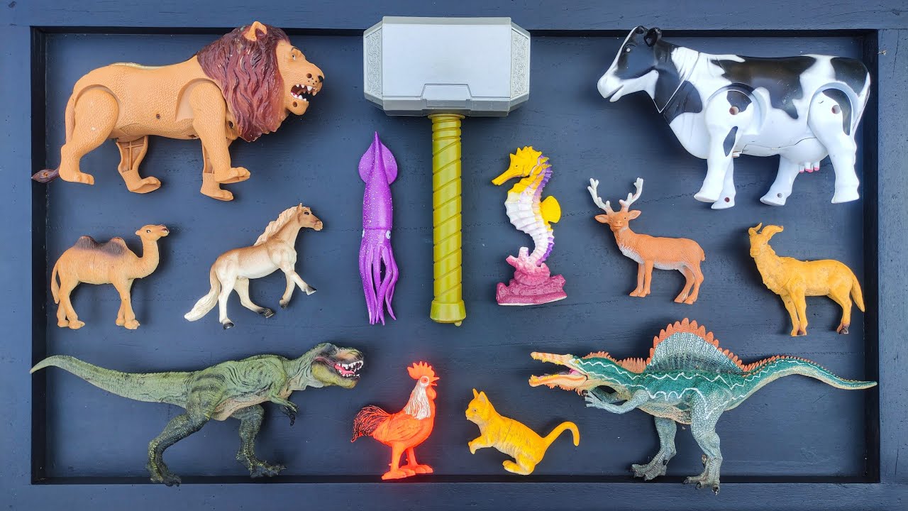 Mencari mainan hewan, sapi, kucing, ayam, singa, unta, kuda, rusa, t rex, spinosaurus, cumi cumi