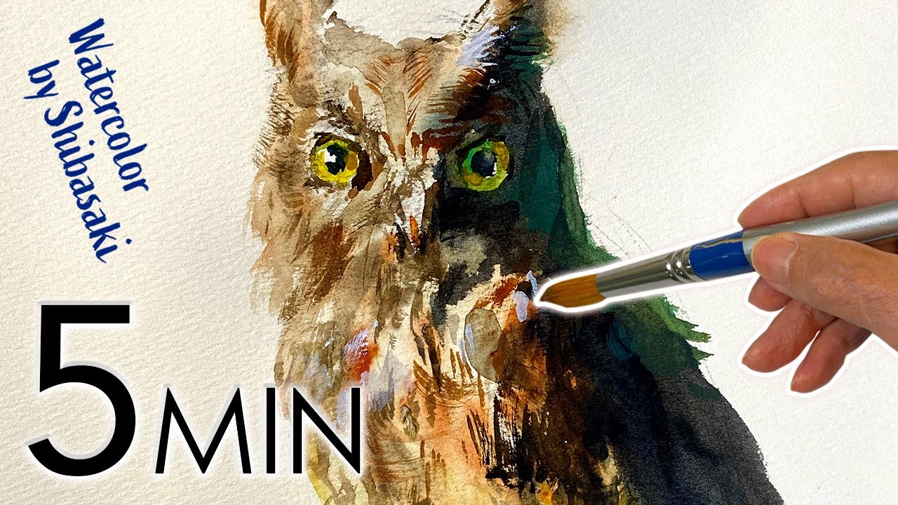 [Eng sub]  Horn owl / Bird / 5 min Easy Watercolor / Tutorial for beginners