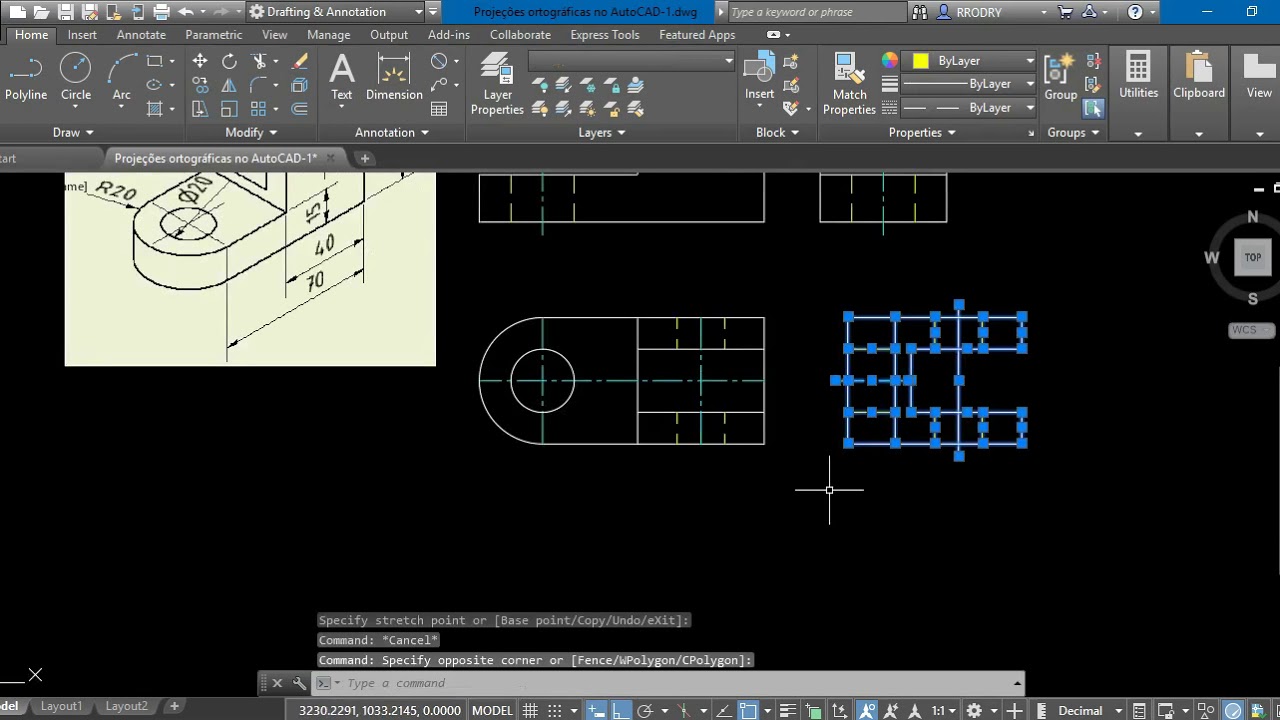 Aula 47 - Finalização do Exercício - 8 Projeções Ortográficas (1º Diedro)  no AutoCAD.