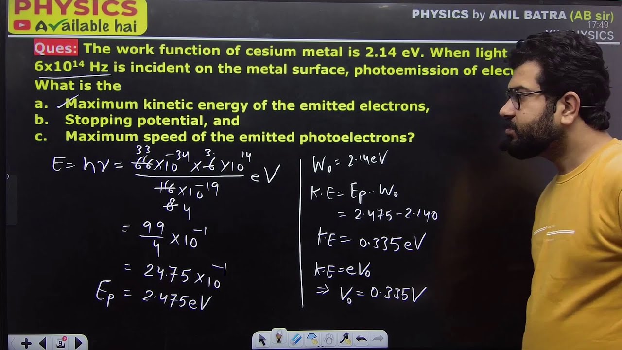 The work function of cesium metal is 2.14 eV. When light of frequency 6x1014 Hz is incident on the