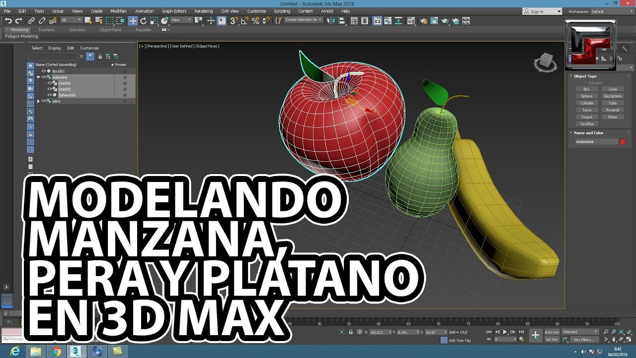 Modelando una manzana, pera y plátano en 3D Max