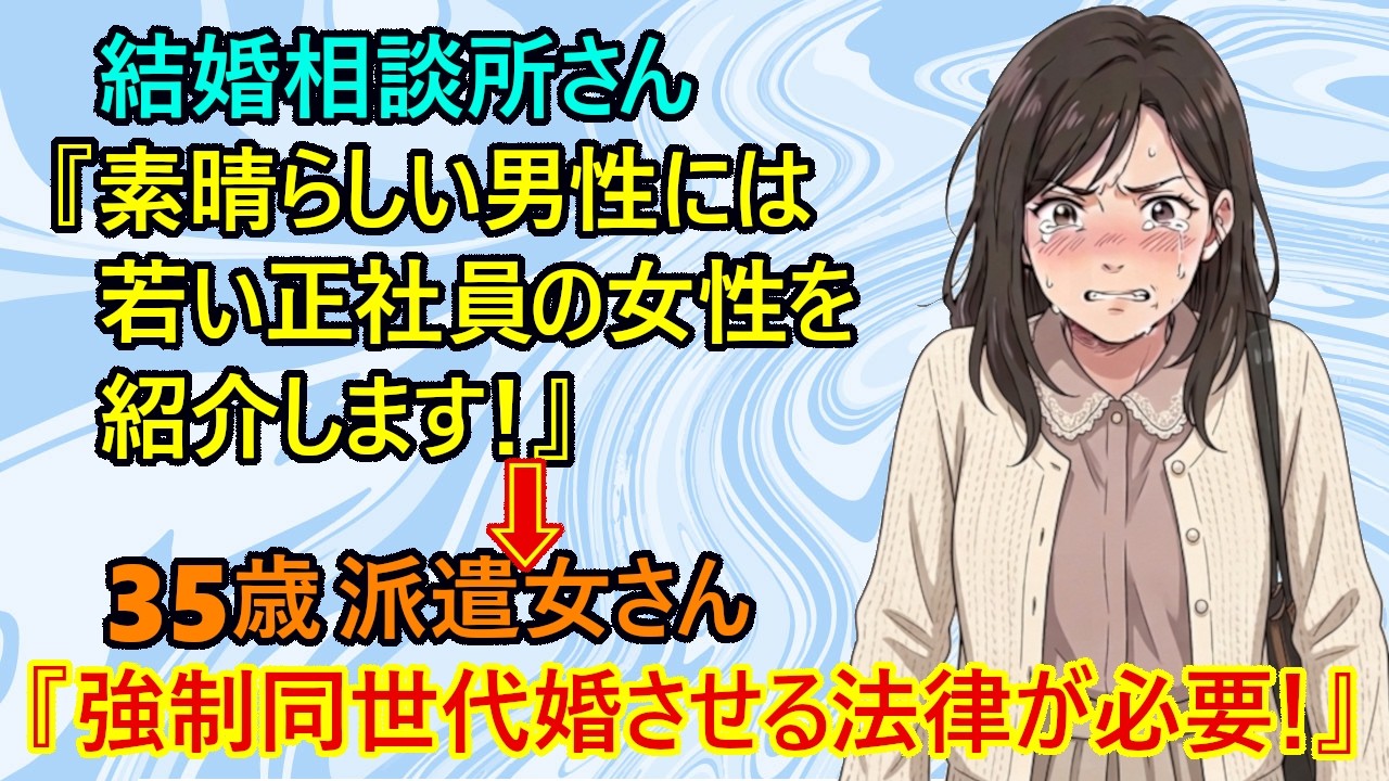 【修羅場　婚活】35歳の派遣の婚活女子の言い分が酷いｗ　アラフォー婚活女さん『低収入の女性を救済する法律＆男性が若い女性と自由に結婚できないようにする法律が必要！』→スレ民『養護施設じゃねーんだよｗ』