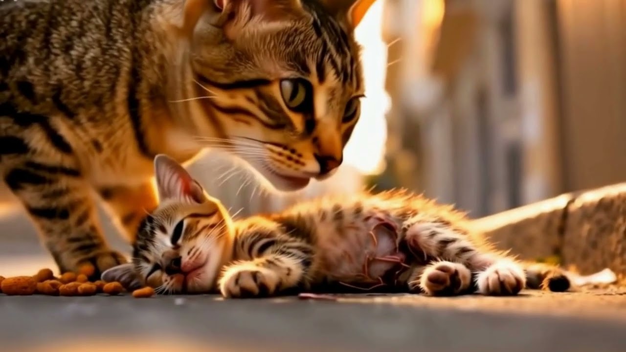 Heartbreaking Loss: Mother Cat Grieving Her Still Kitten on a Quiet Street 💔