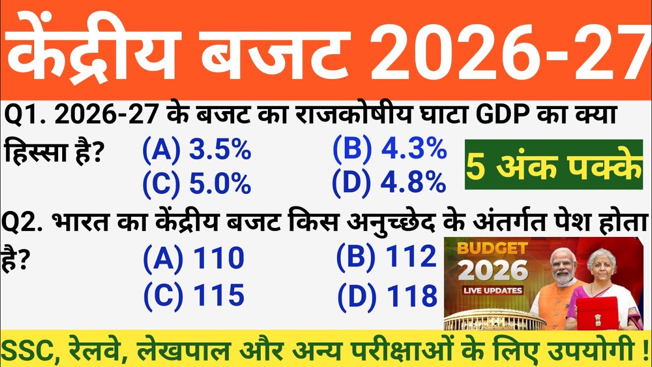 बजट 2026 GK l बजट 2026 से संबंधित महत्वपूर्ण प्रश्न 2026 l Union Budget 2026 l Budget Current Affair