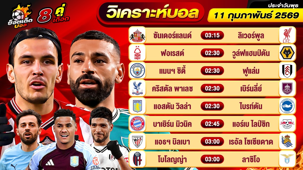วิเคราะห์บอลวันนี้ ทีเด็ดบอล วันพุธ ที่ 11 กุมภาพันธ์ 2569 By ช็อตเด็ดบอลเต็ง