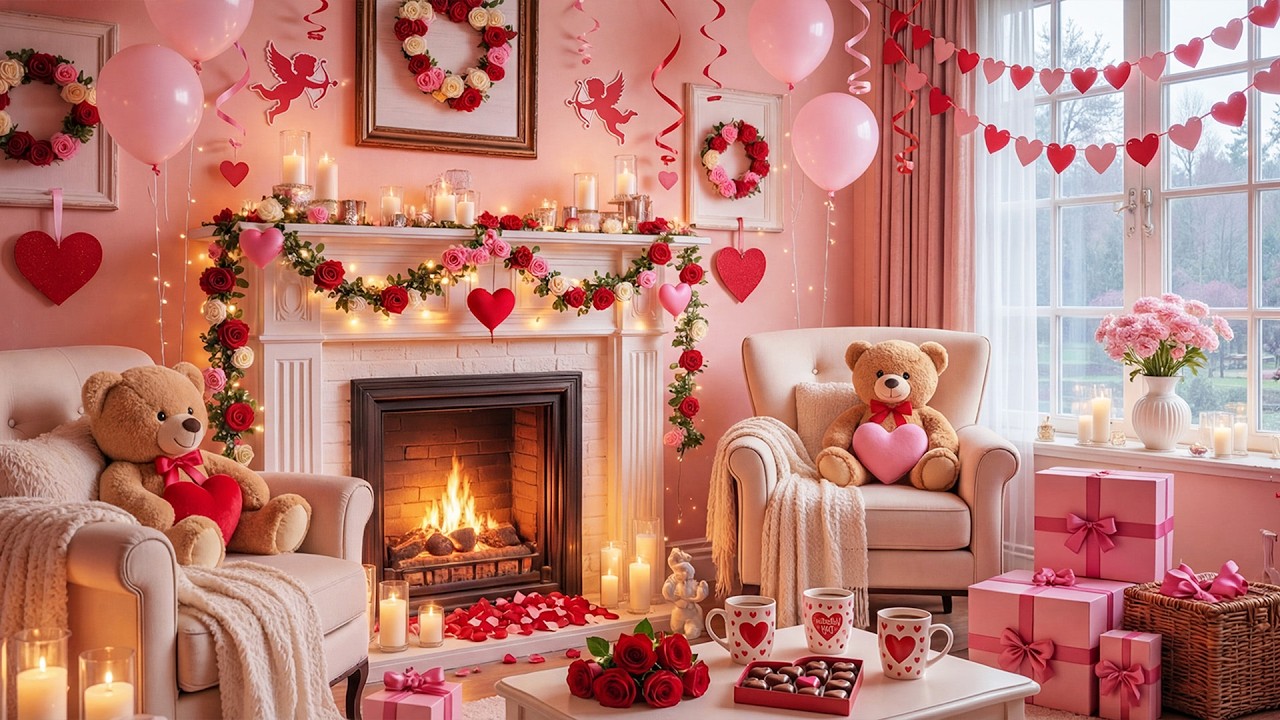 Happy Valentine's Day 💝 Gentle Piano Music & Crackling Fire Sounds for Relaxing