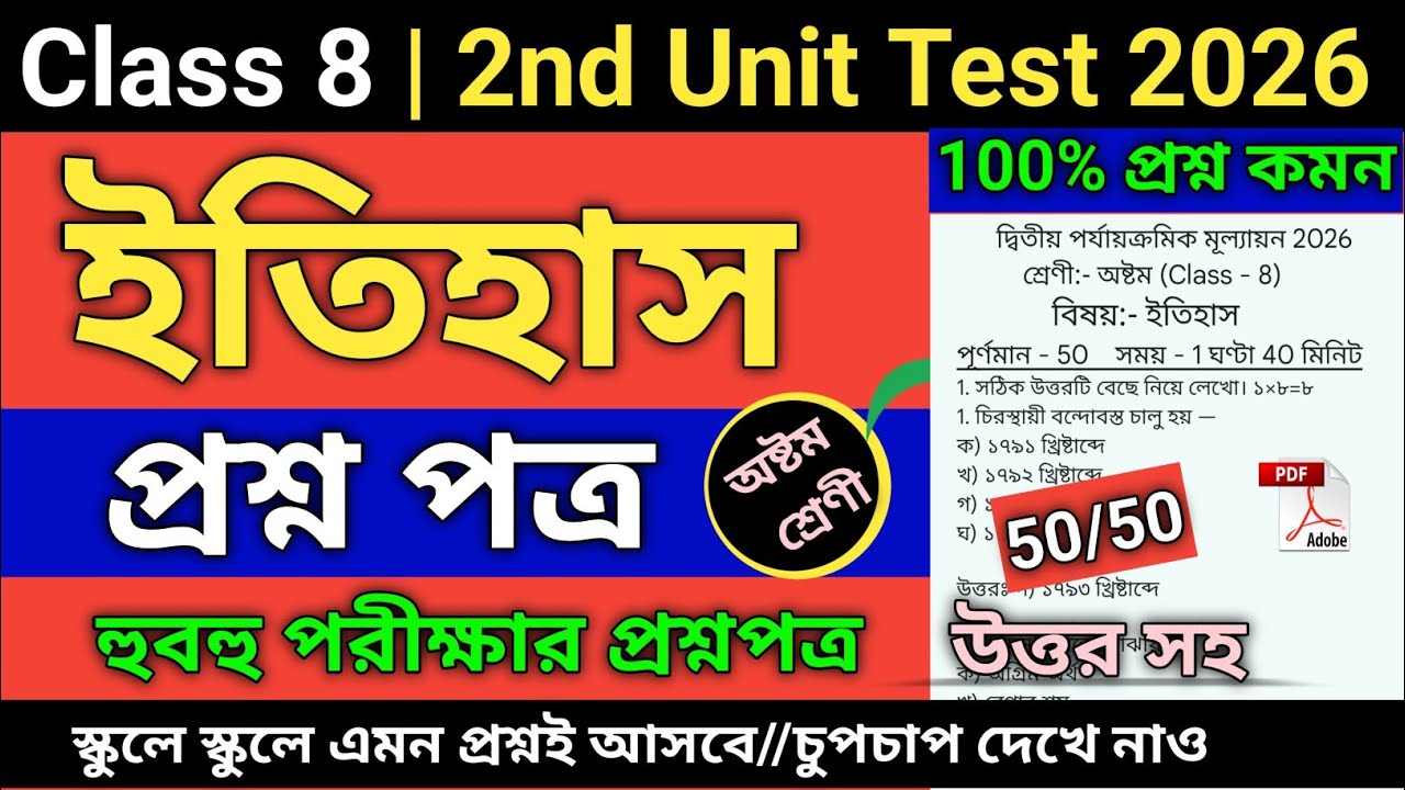Class 8 history 2nd unit test question paper 2026 | Class 8 history 2nd unit test suggestion 2026