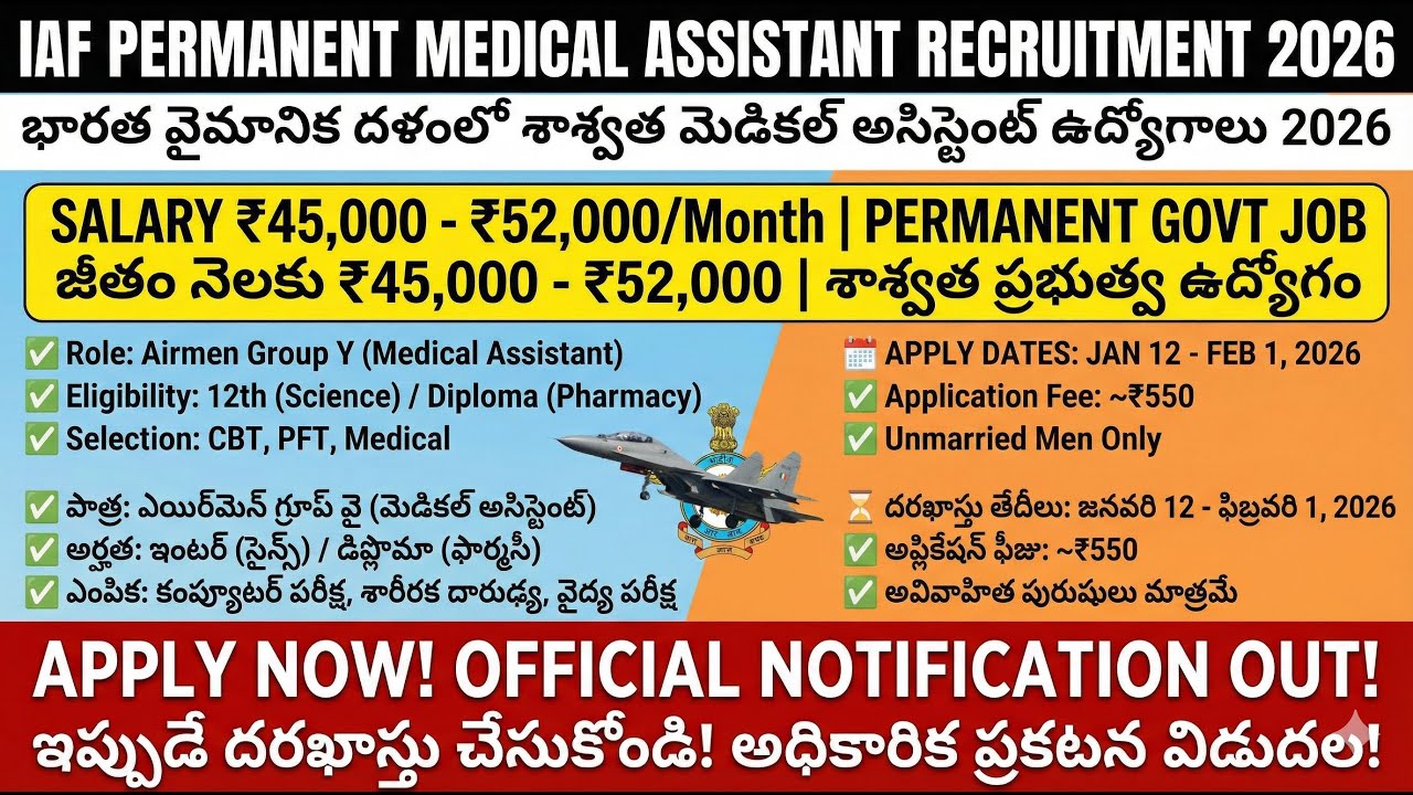 వాయుసేన  పర్మనెంట్ ఉద్యోగం,Indian Air Force Permanent Airmen Group Y Recruitment 2026.