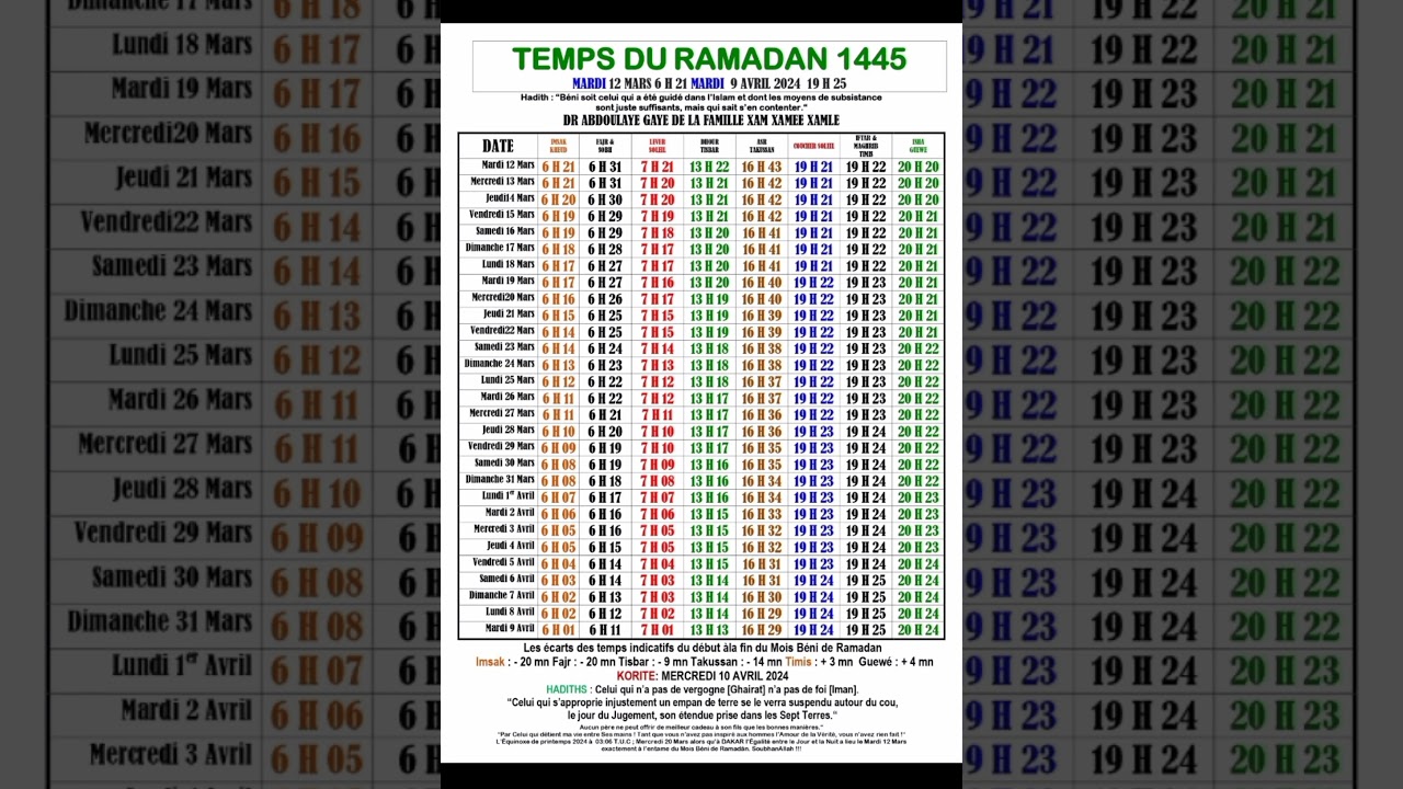 Calendrier Ramadan 2024