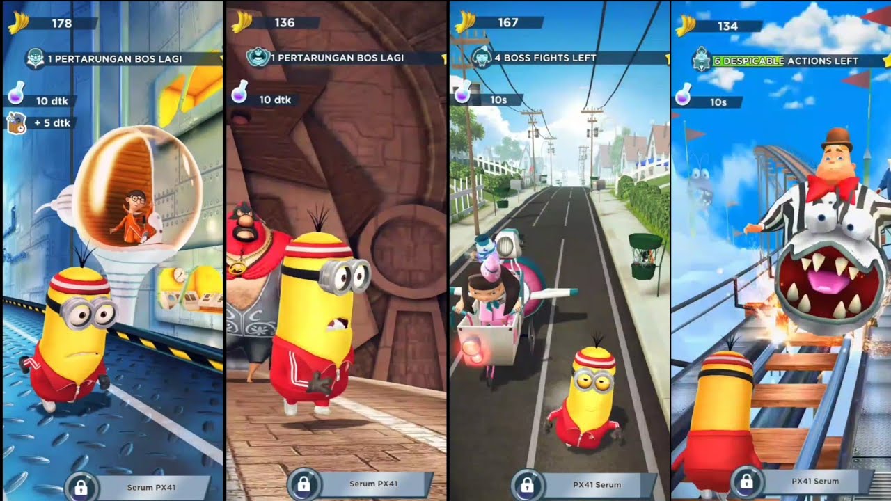 Despicable me rise of gru : Minion Rush - KEVIN vs ALL BOSSES - 4 SCREEN
