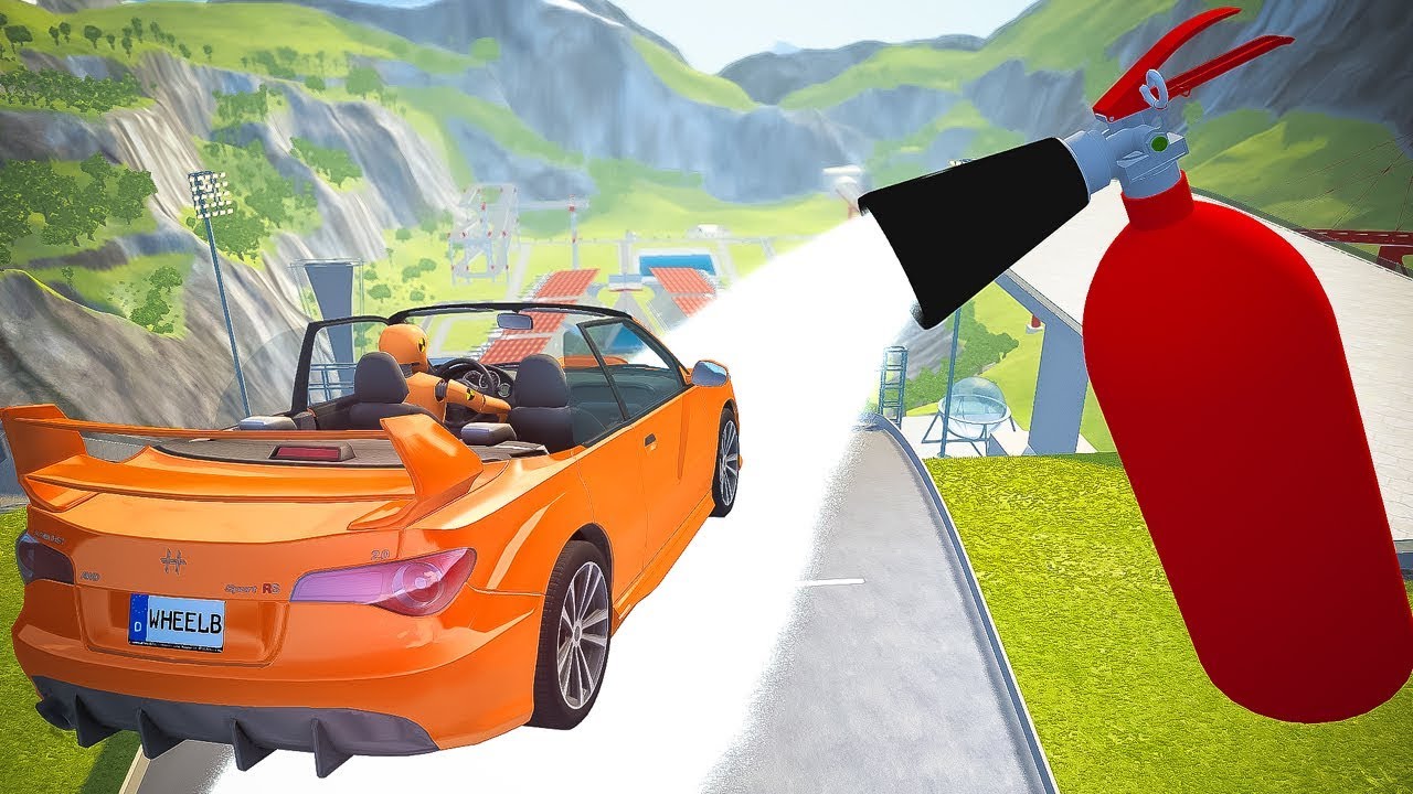 Jumping through Giant Fire Extinguisher Crashes - BeamNG drive (white spray paint, high speed)