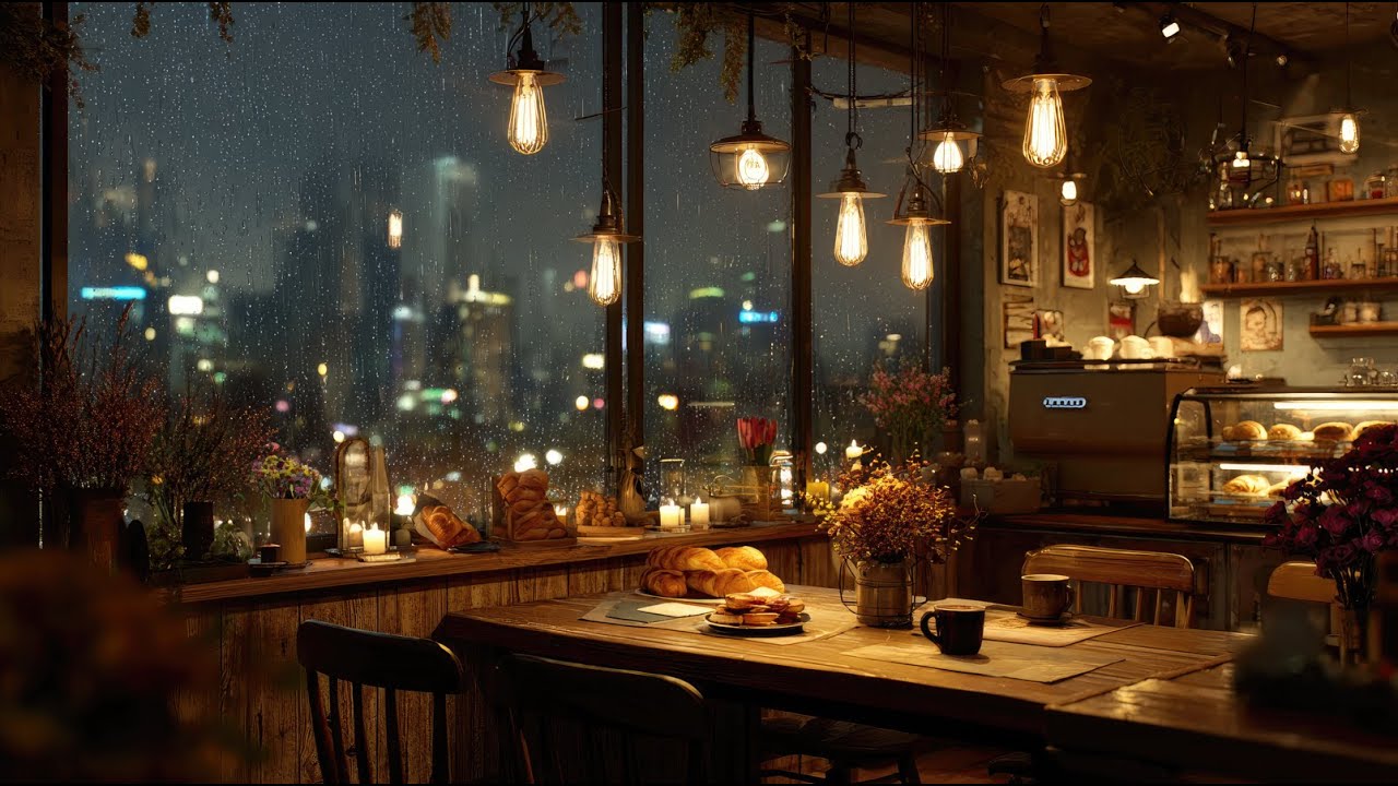 Cozy Cafe Jazz Piano with Rain Sounds for Relaxing Focus Work Study Night Coffee Shop