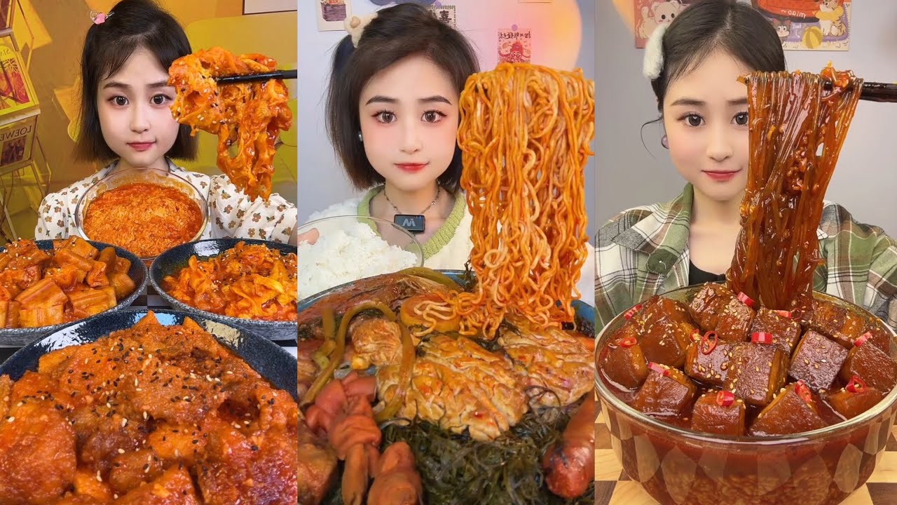 Mukbang#part 423:Eat Spicy🔥noodles🍜   with Rice noodle 🍜 Soup meatblll #mukbang #noodles #pork 