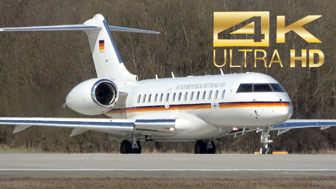 (4K) Bombardier Global 6000 Luftwaffe German Air Force 14+05 departure Manching Airbase ETSI WTD-61