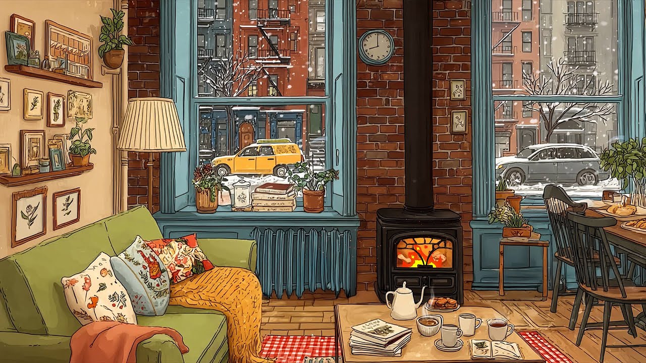 vintage jazz oldies in cozy apartment | relaxing snowfall morning for relaxation ambience