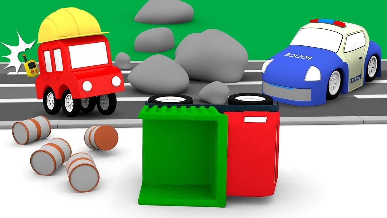 Die 4 kleinen Autos bauen einen Radlader - Steine auf der Straße - Zeichentrick für kleine Kinder