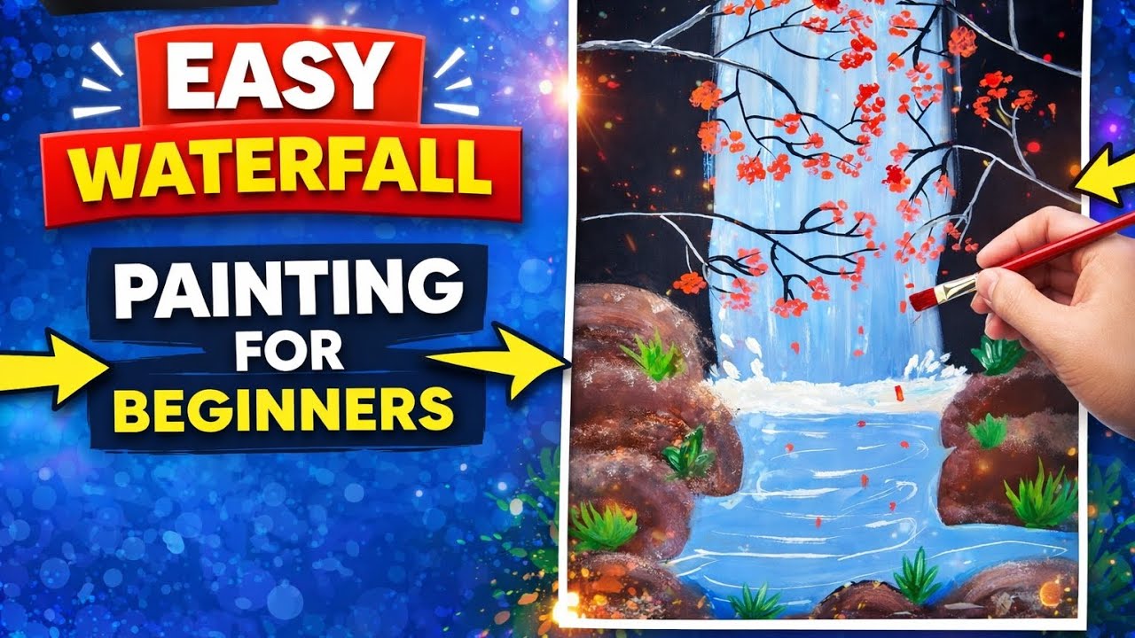 Easy landscape waterfall painting for beginners| waterfall painting for beginners| 