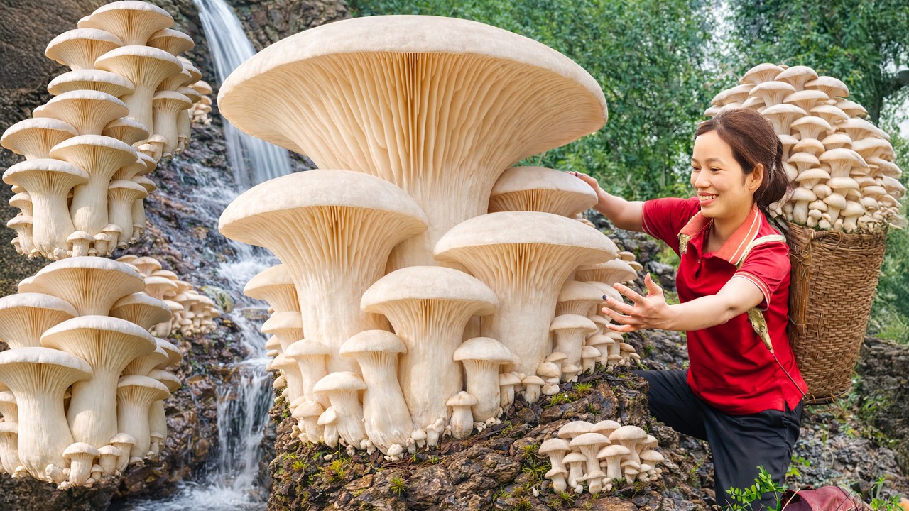 Harvesting Giant Wild Mushrooms (King Oyster Mushroom) by the Waterfall | A Rare Forest Treasure!