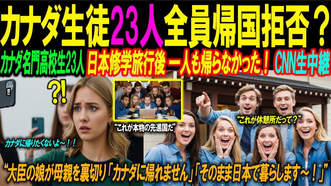 【海外の反応】帰国拒否します！カナダ文部科学大臣の娘を含む名門高校生23名、日本修学旅行中に帰国拒否！休憩所と温泉で発見された衝撃的な真実、「これが先進国」アメリカCNNが生中継！｜海外感動秘話