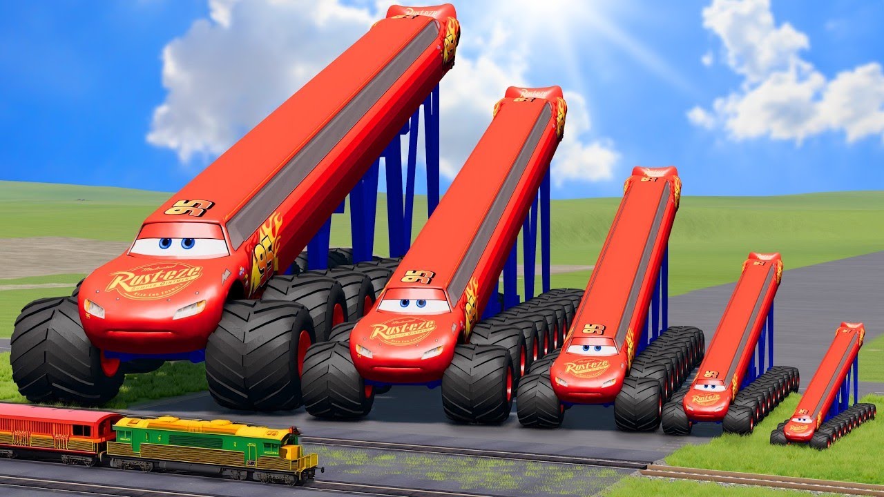 Big & Small Spiral Spring Lightning Mcqueen vs Trains | BeamNG.Drive