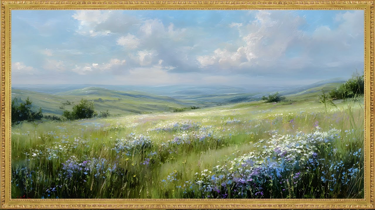 Sunlit Wildflower Hills – 2H Impressionist Frame TV Art | Serene Meadow TV Wallpaper