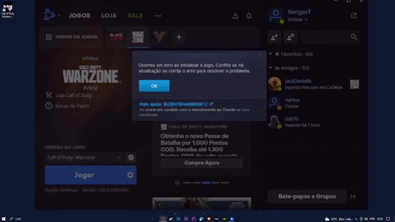 COMO RESOLVER ERRO BLZBNTBNA00000012 WARZONE PC atualiza&ccedil;&atilde;o 15/12