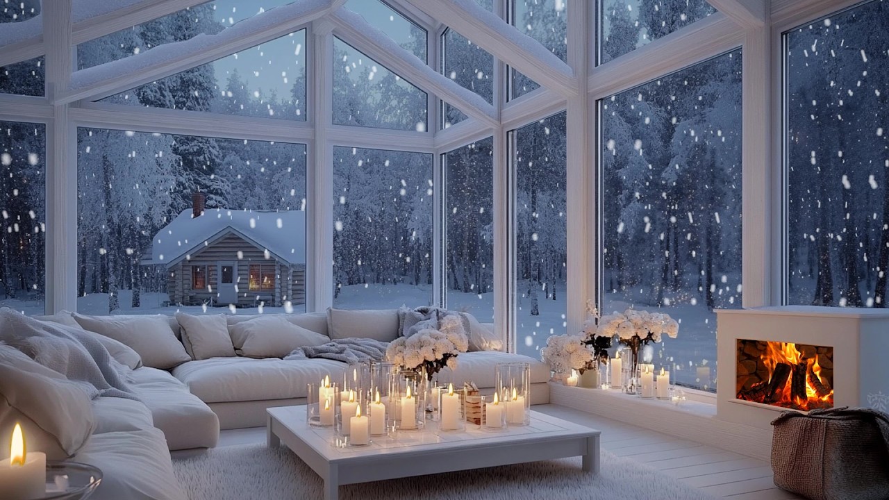 ❄️🎹 Cozy Winter Piano Lounge | Fire, Snowfall & Flowers for 4 Hours | Focus Study Relax Calm
