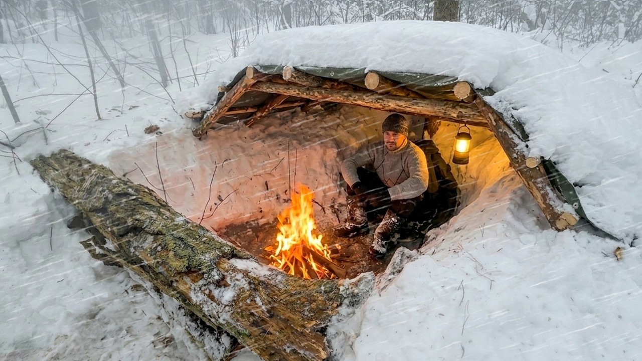 Теплое укрытие с костром в сугробах дикого леса при температуре -25°C