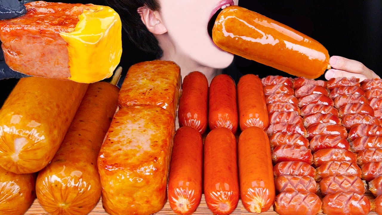 ASMR GIANT SAUSAGE CHEESY SPAM BLACK BEAN NOODLES COOKING MUKBANG 소세지 먹방ソーセージ 咀嚼音Sosis EATING SOUNDS
