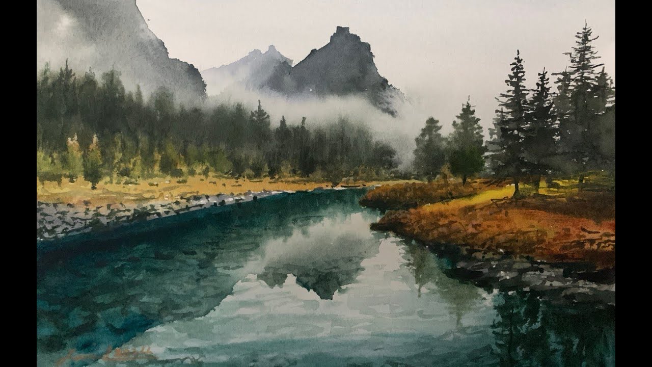 Watercolor painting landscape - Misty River