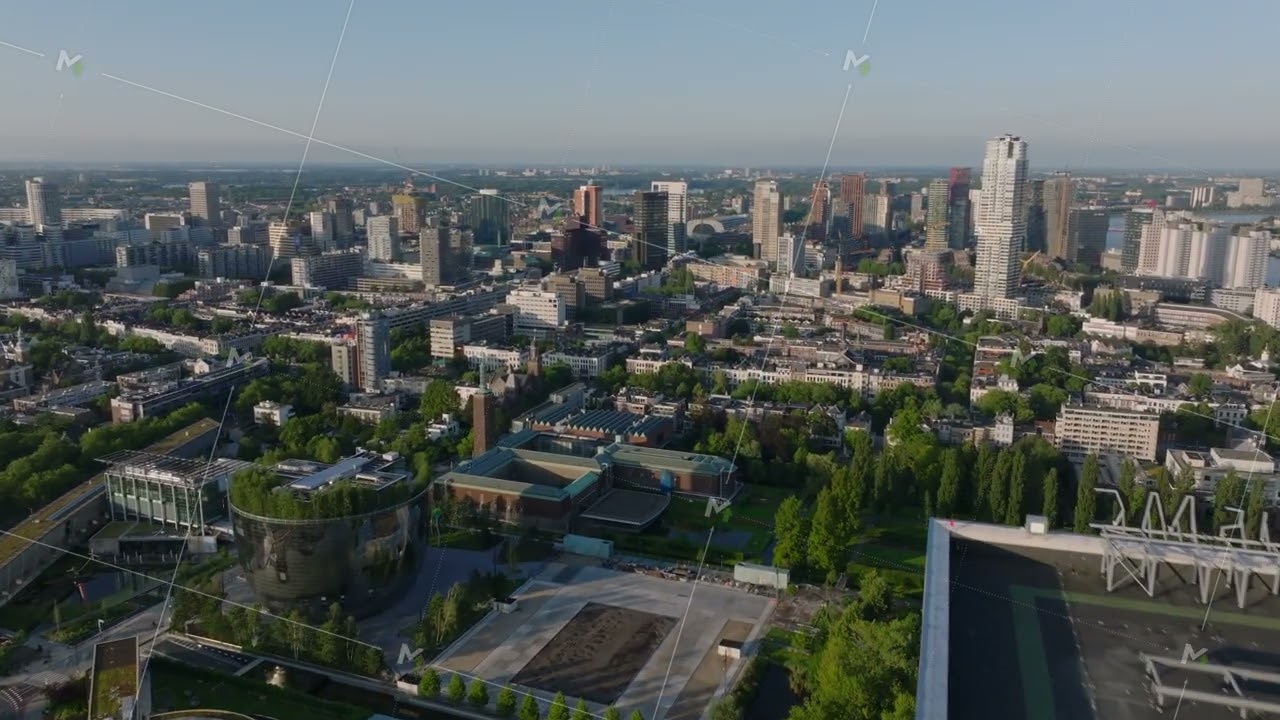 Rotterdam's modern skyline and green spaces from a bird's eye view. City's contemporary architecture