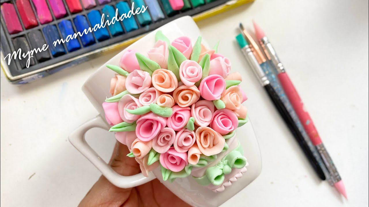 Cómo decorar una taza- Porcelana fria - pasta flexible - flores de foamy o goma eva - bisçuit