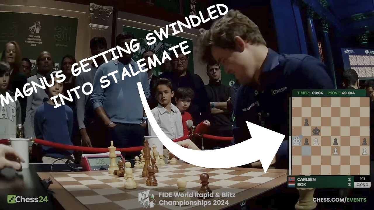 World Blitz Champion Magnus Carlsen getting swindled by Benjamin Bok into stalemate!