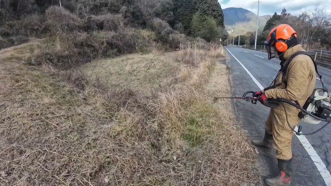 水分が抜けた厄介な草をナイロンコードのトルネードのＭで粉砕するけど思い通りにいかないよ(⁠╯⁠︵⁠╰⁠,⁠)