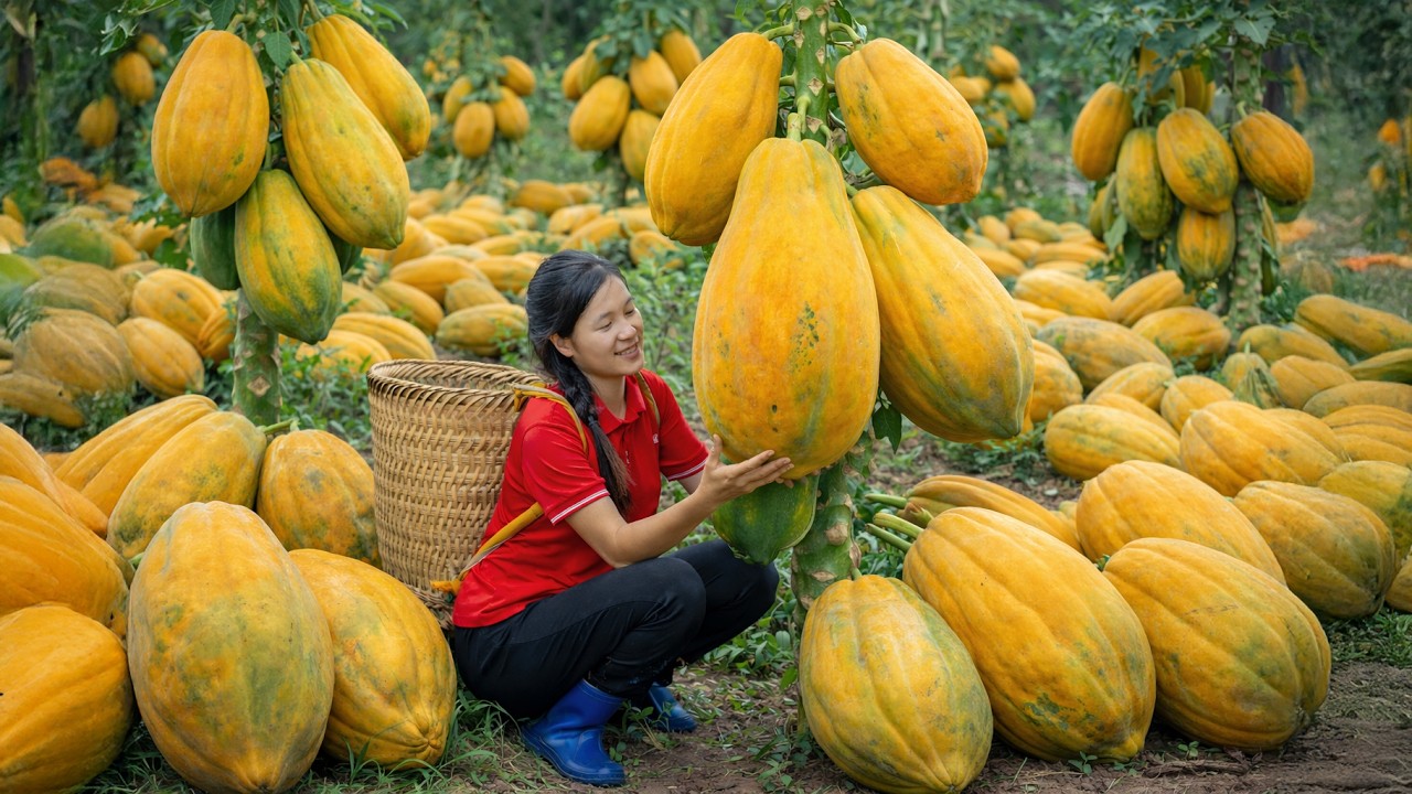 Harvesting giant papayas and taking them to the market to sell