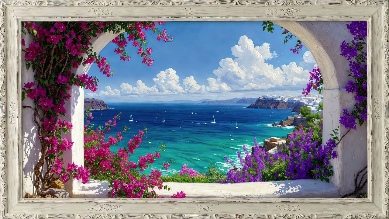 Frame TV Art - 4K Santorini Coastal Painting With Happy Music